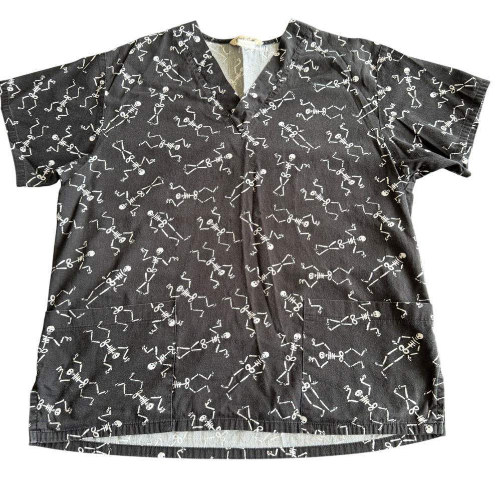 Comfy Cotton Scrub Top Dancing Skeleton 100% Cotton XL Black Halloween Medical